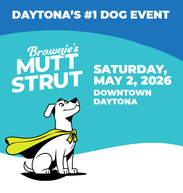Brownie's Mutt Strut - Daytona's #1 Dog Event - Saturday, May 2, 2026 - Downtown Daytona - white Mutt Strut dog logo
