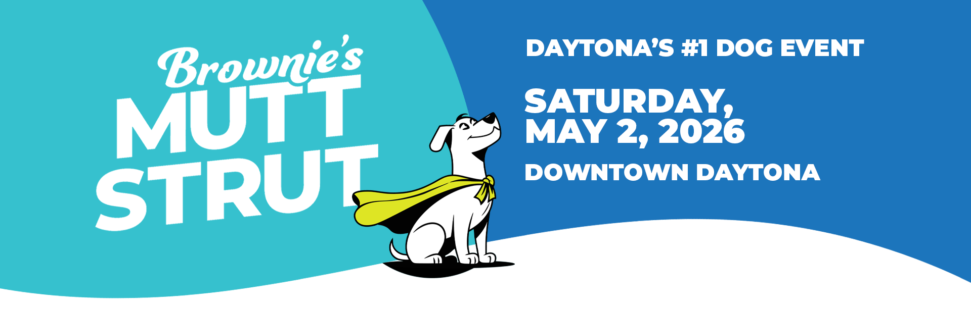 Brownie's Mutt Strut - Daytona's #1 Dog Event - Saturday, May 2, 2026 - Downtown Daytona - white Mutt Strut dog logo